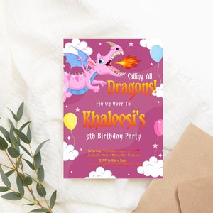 Bearbeitbare Drachen-Geburtstags-Einladung Pink Dragon-Geburtstagsfeier laden ein Girly Dragon-Einladung Druckbare digitale Corjl-Vorlage