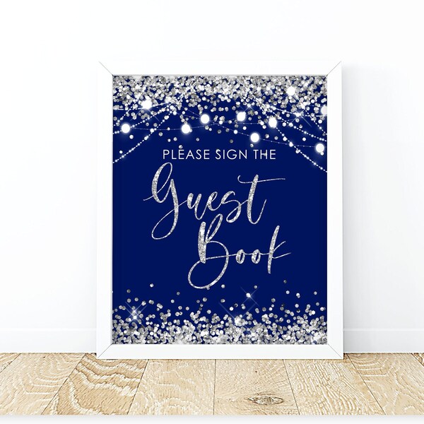 Blue Silver Glitter Guest book Sign Birthday Party Table Decor PRINTABLE Silver Glitter Sweet Sixteen Sign Birthday Decoration Download