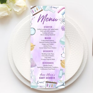 Wissenschaft Menü Karte bearbeitbar Lila Wissenschaft Menü Karte Baby Dusche Geburtstag Party Essen Menü Digitaler Download Druckbare Corjl Vorlage