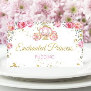 Etiquetas editáveis de princesa para transporte de alimentos, cartão de tenda, cartão de comida, mesa, tenda, flores, rosa, floral, buffet, etiqueta, modelo corjl para impressão