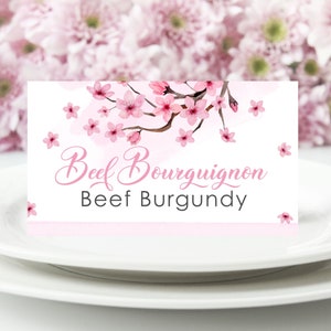 Etiquetas editáveis de flor de cerejeira para alimentos, cartão de comida, mesa, tenda, rosa, menina, aniversário, chá de bebê, buffet, etiqueta digital para impressão, modelo corjl