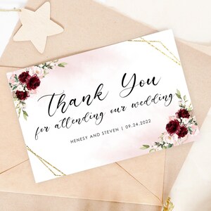 Carte de remerciement Bourgogne modifiable Bourgogne Floral plat Merci carte mariage nuptiale fête douche téléchargement numérique Corjl modèle HENESY