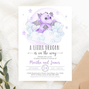 Editable Purple Dragon Baby Shower Invitation Girl Cute Violet Dragon Baby Shower Party Invite PRINTABLE Digital Download Corjl Template