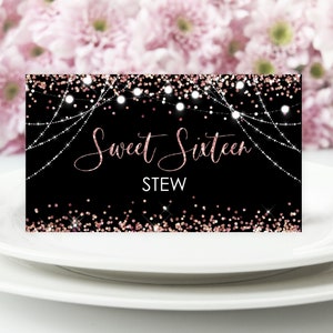 Bearbeitbare Rose Gold Glitter Schwarz Lebensmitteletiketten Zeltkarte Lebensmittelkarte Tischzelt Karte Rose Gold Glitter Buffet Label DRUCKBARE Corjl Vorlage