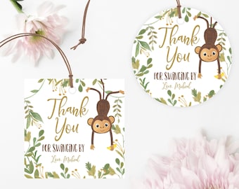Editable Monkey Thank you  Tag Monkey Jungle Favor Tags Baby Shower Birthday Party Gift Tags Party Round Printable Digital Download Corjl
