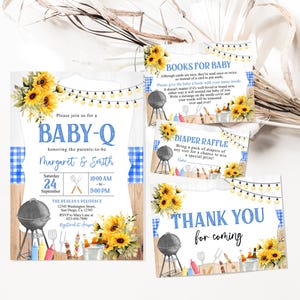 Bewerkbare blauwe BBQ-uitnodiging babyshower uitnodigingspakket Baby-q babyshower uitnodigingsset achtertuin Coed BBQ Boy afdrukbare sjabloon babyshower