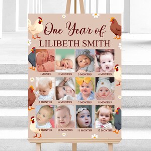 Poster fotografico modificabile del primo anno di un pulcino, pietra miliare, collage fotografico del primo compleanno Boho, cartello con immagine dell'anno, modello digitale Corjl