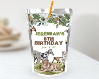 May include: A white juice pouch with a green, brown and white jungle animal design. The pouch has a straw and says "Jeremiah's 8th Birthday June 24, 2022".