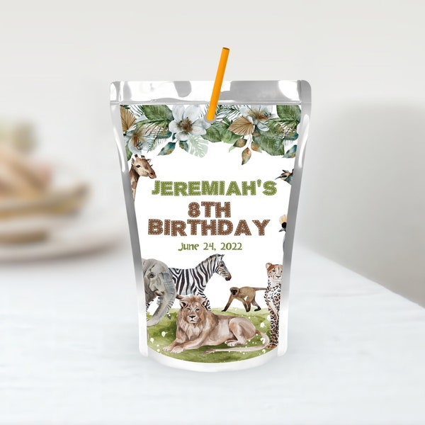 Editable Jungle Animals Juice Pouch Label Birthday Party Drink Pack Favor Capri sun beverage tag digital download PRINTABLE Corjl Template