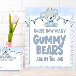 Adivina cuántos ositos de goma hay en el cartel del tarro y el juego de cartas, Blue Bear Baby Shower Game, Boy Bear Game IMPRIMIBLE Descarga digital