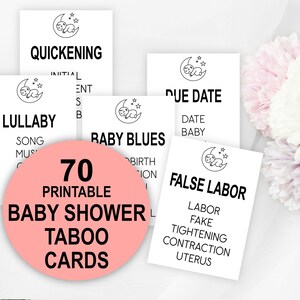 Juego de cartas tabú baby shower, tarjetas de juego tabú baby shower imprimibles, juego de baby shower, divertido juego de baby shower, blanco, simple, minimalista