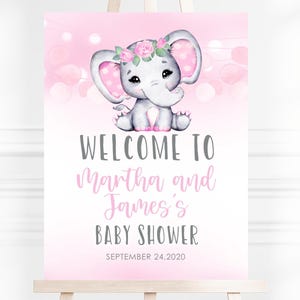 Letrero de bienvenida de elefante rosa para baby shower: Plantilla Corjl editable (descarga digital)