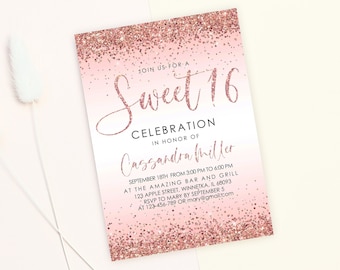 May include: A pink and white invitation with gold glitter for a Sweet 16 celebration in honor of Cassandra Miller. The invitation includes the date, time, location, and RSVP information.