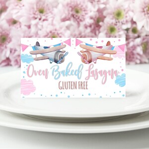 Etiqueta de comida editable para avión, etiqueta de comida en tarjeta de tienda rosa y azul, etiqueta de buffet para revelar el género del avión, plantilla Corjl para etiqueta de comida de viaje