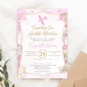 Bewerkbare reizen baby shower uitnodiging roze avontuur kaart meisje baby shower partij uitnodigen roze reizen digitale afdrukbare Corjl ontwerpsjabloon