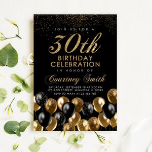 Globo editable Invitación a fiesta de oro negro Invitación a celebración de cumpleaños para hombres mujeres de cualquier edad Descarga digital Plantilla Corjl imprimible
