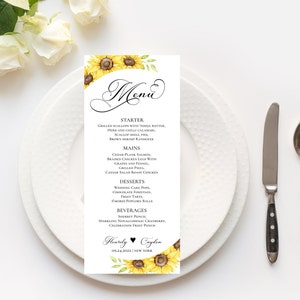 Edytowalna etykieta karty menu słonecznika Żółty motyw kwiatowy Ogród DIY Jedzenie Napoje Deser Cyfrowe pobieranie DO DRUKU Szablon Corjl FLEURILY