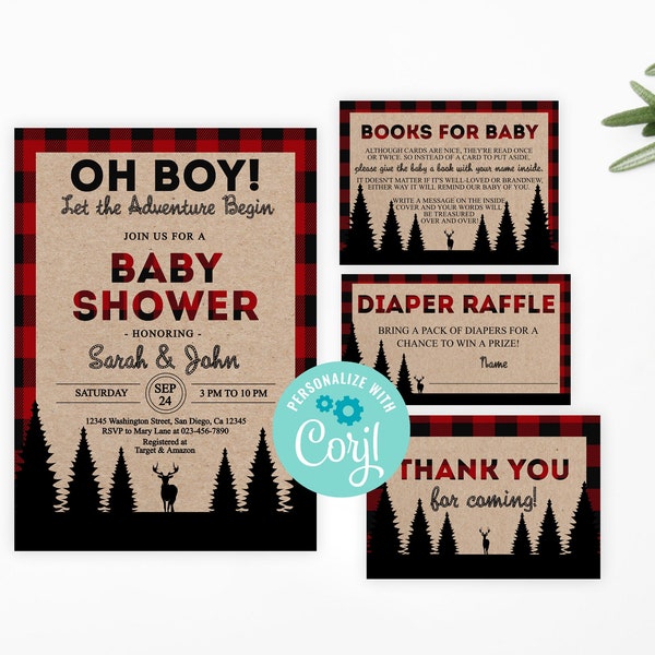 Editable Lumberjack Baby Shower Invitation Set PRINTABLE Plaid Red Black Invitation Diaper Raffle Set Thank you card Books for baby Corjl