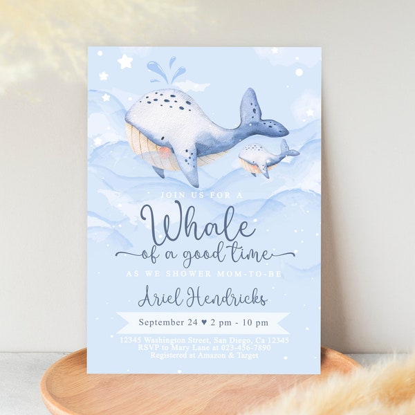 Editable Whale Baby Shower Invitation Boy Party Blue Whale Invite Little Sailor Ocean Adventure Digital Download PRINTABLE Corjl Template