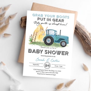 Editable Tractor Baby Shower Invitation Blue Tractor Baby Shower Invite ...