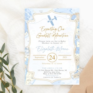 Bewerkbare reizen babyshower uitnodiging blauw avontuur wacht op babyshower uitnodiging blauwe jongen wereldkaart thema digitale afdrukbare Corjl-sjabloon
