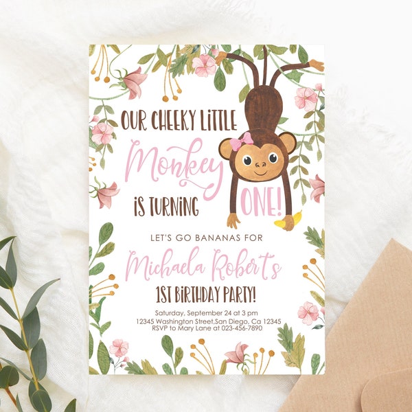 Editable Monkey Birthday Invite Pink Girl Monkey Invitation Birthday Birthday Party Jungle Monkey Digital Invite PRINTABLE Corjl Template