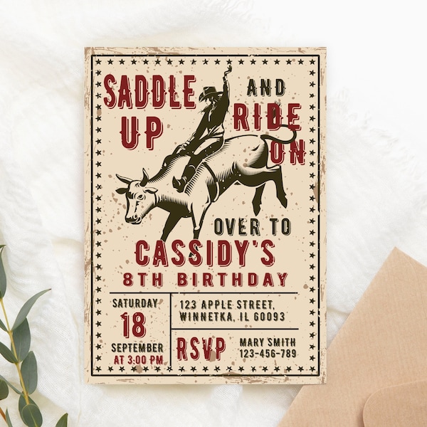 Editable Bull Riding Birthday Invitation Girl Western Birthday Party Invitation Bull Rodeo Cowgirl Invite Printable Download Corjl Template