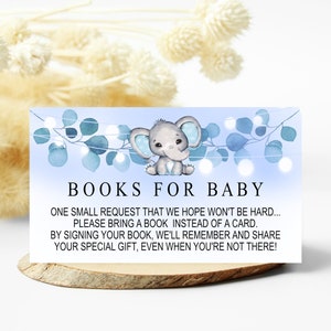 Blauwe olifant boekverzoek babyjongen, boeken voor babykaart Blauwe olifant, babyshower Blauwe olifant babyboekverzoekkaart, blauwe olifant