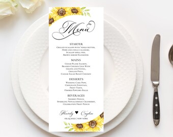 May include: A wedding menu with sunflowers and greenery. The menu includes a starter, mains, desserts, and beverages. The text reads "Menu", "Starter", "Grilled Scallops with Siracha Butter", "Herbs and Chilli Calamari", "Scallop Shell Pie", "Brown Shrimp Ramsauer", "Mains", "Cedar Plank Salmon", "Braised Chicken Legs with Grapes and Fennel", "Grilled Pizza", "Caesar Salad Roast Chicken", "Desserts", "Wedding Cake Pops", "Chocolate Fountain", "Fruit Tarts", "Smores Popcorn Balls", "Beverages", "Sherbet Punch", "Sparkling Non-Alcoholic Cranberry", "Celebration Fruit Punch", "Flourishly Cayden", "09.24.2022", "New York".