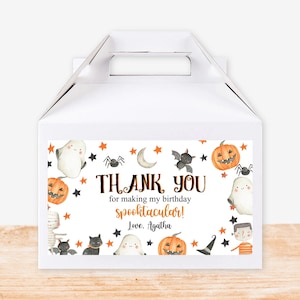 Bewerkbare Halloween Gable Box Favor Label Verjaardagsfeestje Treat Box Verjaardag Baby Douche Spooktacular Kostuum Ghost AFDRUKBARE Corjl-sjabloon