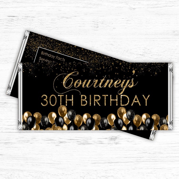 Editable Gold Black Balloon Candy Bar Wrapper Label balloons Favor Birthday Party Chocolate Bar Wrapper PRINTABLE Corjl Template Download