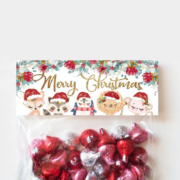 Christmas Treat Bag Topper Animals PRINTABLE Favor Bag Topper Goody Bag Topper Goodie bag candy loot bag Fox Lion Penguin Monkey