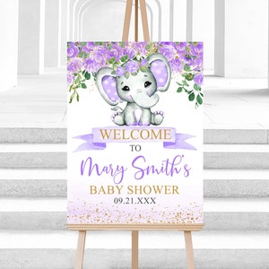 Editable Elephant Baby Shower Welcome Sign, Purple Floral Elephant Welcome Poster, Baby Shower Girl Floral Elephant Baby Shower Template