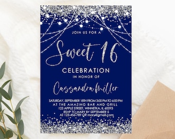 Editable Sweet Sixteen Birthday Invitation PRINTABLE Blue Silver Sweet Sixteen Invitation Silver Blue Invitation Birthday Party 5x7 Corjl