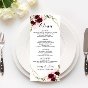 Etichetta modificabile della carta del menu bordeaux Piatto floreale Matrimonio Baby Shower Festa di compleanno Etichetta alimentare Download digitale PRINTABLE Corjl Template Henesy