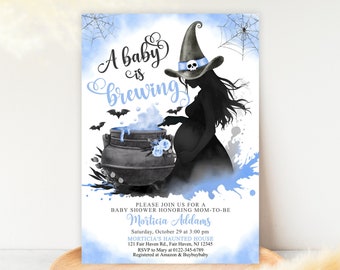 Bearbeitbare Blau-Halloween-Babyparty-Einladung Junge Ein Baby braut Kessel-Babyparty-Einladungs-Schablone der schwangeren Hexe-Babyparty