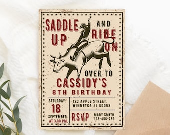 Editable Bull Riding Birthday Invitation Girl Western Birthday Party Invitation Bull Rodeo Cowgirl Invite Printable Download Corjl Template