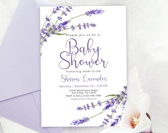 Editable Lavender Baby Shower Invitation Purple Flower Baby Girl Violet Spring Florals Baby Shower Invite Printable Download Corjl Template