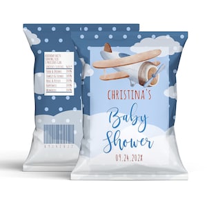 Editable Airplane Chip Bag Label Blue Clouds Travel Adventure Baby Shower Party Favor Snack pouch Printable Digital Download Corjl Template