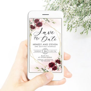 Modifiable Bourgogne Save the Date Card Evite Template Blush Burgundy Gold Save the Date Wedding Digital Download PRINTABLE Corjl HENESY