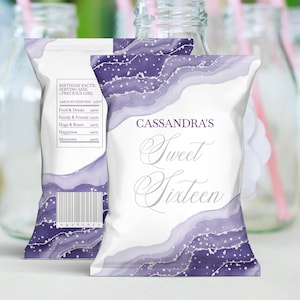 Editable Purple and Silver Chip Bag Label, Printable Chip Bag Favor, DIY Sweet Sixteen Chip Bag, Birthday Party Favor, Corjl Template