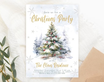 May include: A Christmas party invitation with a watercolor illustration of a snow-covered Christmas tree and forest. The invitation text reads "Join us for a Christmas Party at The Claus Residence."