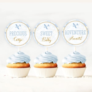 Editável viagem cupcake topper azul mapa do mundo chá de bebê favor tags aventura cupcake topper etiqueta imprimível corjl modelo digital