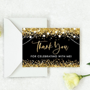 Cartão de agradecimento editável dourado preto modelo para impressão Modelo Gold Glitter preto cartão de agradecimento de aniversário Download digital modelo Corjl