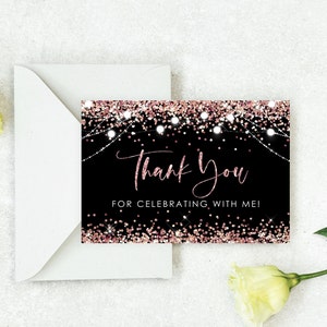 Editable Oro rosa negro Tarjeta de agradecimiento Plantilla IMPRIMIBLE Rosegold Glitter Cumpleaños Tarjeta de agradecimiento Descarga digital Plantilla Corjl