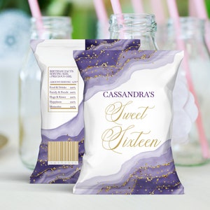 Editable Purple and Gold Chip Bag Label  PRINTABLE  Chip Bag Favor DIY Sweet Sixteen chip bag Birthday party Corjl Template Digital Download