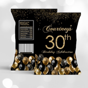 Editable Gold Black Balloon Chip Bag Label PRINTABLE Gold Black Chip Bag Favor DIY Chip Bag  Birthday party Corjl Template