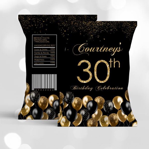Editable Gold Black Balloon Chip Bag Label PRINTABLE Gold Black Chip Bag Favor DIY Chip Bag  Birthday party Corjl Template