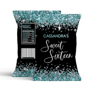 May include: A black and teal glitter chip bag with the text "CASSANDRA'S Sweet Sixteen" and a barcode. The bag is decorated with silver and teal glitter.