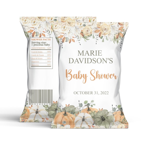 Editable Pumpkin Chip Bag Label Printable Thanksgiving Fall Harvest Gender neutral Favor DIY Treats Baby Shower Download Corjl Template